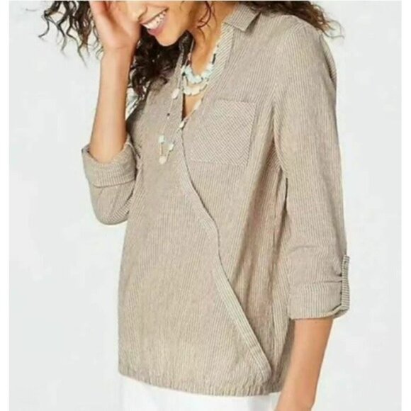 J Jill Top Womens Medium Brown Striped Faux Wrap V Neck Roll Tab Sleeves Boho - Picture 1 of 10